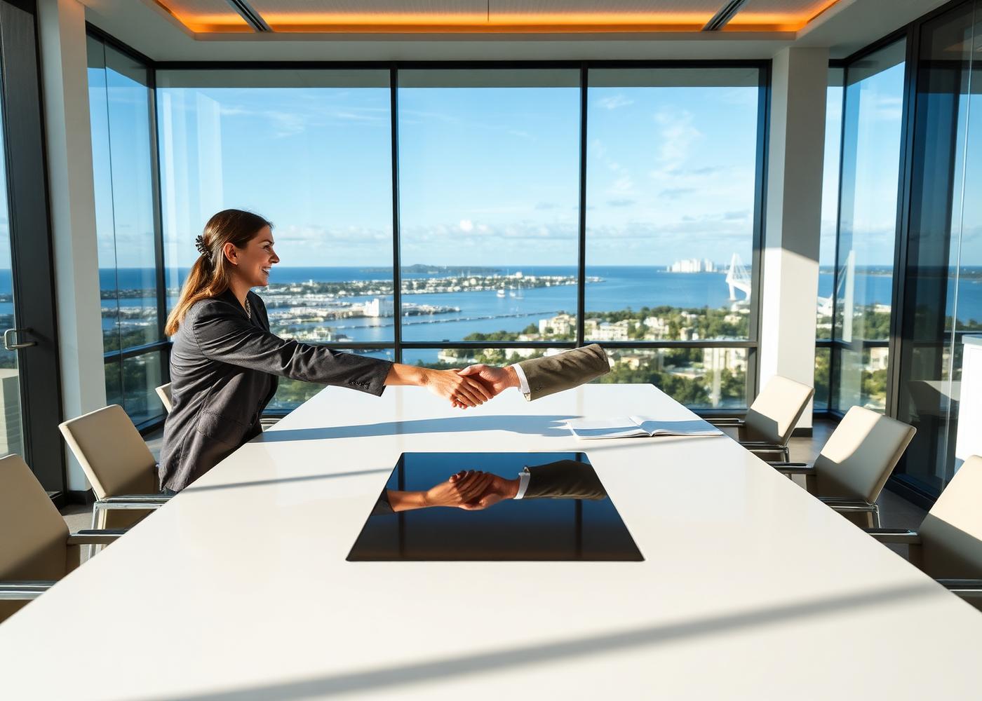 Two professionals shaking hands in a modern Cayman office