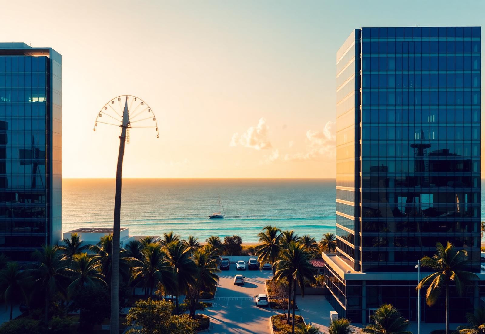 Cayman Islands corporate district at golden hour